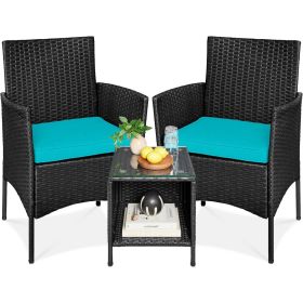 3-Piece Black PE Wicker Outdoor Dining Patio Furniture Set w/ Teal Blue Cushions