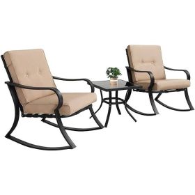 3-Piece Outdoor Patio Furniture Table Rocking Chairs Set with Beige Cushions