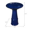 Blue Ceramic Birdbath with 1/2 Gallon Water Basin and Bird Branch Leaf Detailing