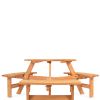 Outdoor Round Wood Picnic Table Bench Set with Umbrella Hole - Seats 6