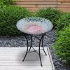 Round 18-inch Peacock Style Glass Mosaic Flower Birdbath with Metal Stand