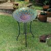 Round 18-inch Peacock Style Glass Mosaic Flower Birdbath with Metal Stand