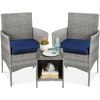 3-Piece Grey PE Wicker Outdoor Patio Furniture Dining Set w/ Navy Blue Cushions