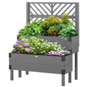 2 Tier Self Draining Grey Wood Raised Garden Bed Planter Box with Trellis