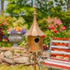 Outdoor Copper Finish Iron Gramophone Roof Birdhouse with Garden Stake