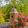 Copper Finish Metal Garden Birdhouse with Stake and Pole