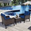 3-Piece Brown PE Rattan Outdoor Dining Patio Furniture Set with Blue Cushions