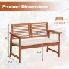 Solid Wood Outdoor Patio Garden Bench w/ Slatted Back Armrests and Seat Cushion