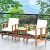 3-Piece Solid Wood Outdoor Patio Furniture Table Chairs Set with White Cushions