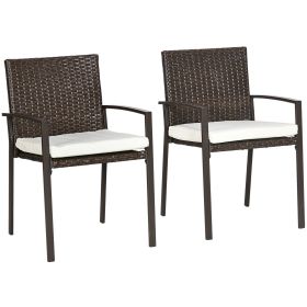 Outsunny 2 Piece PE Rattan Outdoor Dining Chairs with Cushion, Patio Wicker Dining Chair Set with Backrest, Armrests for Patio, Deck, Garden