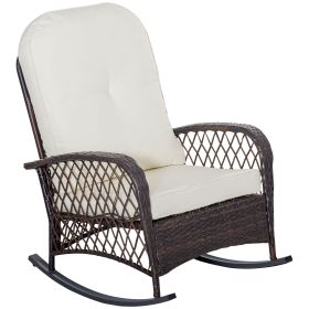 Outsunny Outdoor Wicker Rocking Chair with Wide Seat, Thick, Soft Cushion, Rattan Rocker w/Steel Frame, High Weight Capacity for Patio, Garden