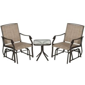 Outsunny 3 Piece Outdoor Glider Chair with Coffee Table Bistro Set, 2 Patio Rocking Swing Chairs with Breathable Sling Fabric, Glass Tabletop