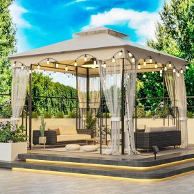 10X10FT Softtop Metal Gazebo with Mosquito Net&Sunshade Curtains,Sturdy Heavy Duty Double Roof Canopy,Galvanized Steel Design Outdoor Tent