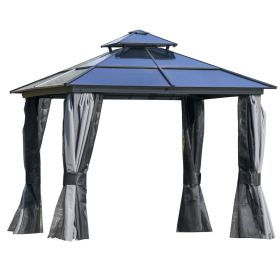 10' x 10' Hardtop Gazebo Canopy with Polycarbonate Double Roof, Aluminum Frame, Permanent Pavilion Outdoor Gazebo with Netting and Curtains for Patio