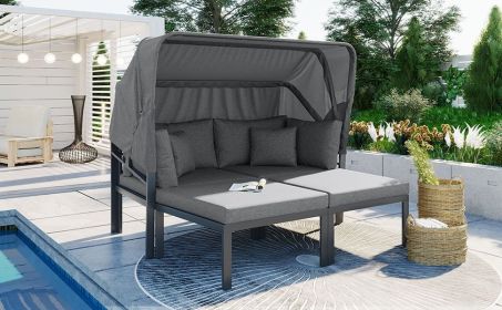 TOPMAX 3-Piece Patio Daybed with Retractable Canopy Outdoor Metal Sectional Sofa Set Sun Lounger with Cushions for Backyard, Porch, Poolside,Grey