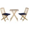 3 Pieces Patio Folding Bistro Set, Outdoor Pine Wood Table and Chairs Set with Tie-on Cushion & Square Coffee Table, Great for Indoor, Poolside