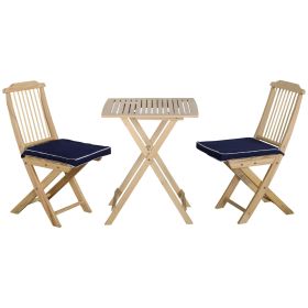 3 Pieces Patio Folding Bistro Set, Outdoor Pine Wood Table and Chairs Set with Tie-on Cushion & Square Coffee Table, Great for Indoor, Poolside