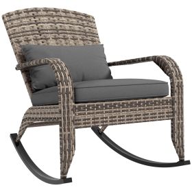 Outsunny Outdoor Wicker Adirondack Rocking Chair, Patio Rattan Rocker Chair with High Back, Seat Cushion, and Pillow for Garden, Porch, Balcony, Gray