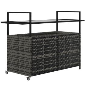 Outsunny PE Rattan Outdoor Bar Table, Outdoor Kitchen Island with 2-Tier Shelf & Cabinet, Patio Serving Cart with Glass Top, Handles