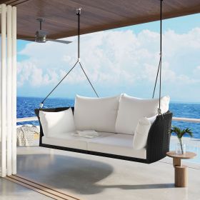 GO 51.9" 2-Person Hanging Seat, Rattan Woven Swing Chair, Porch Swing With Ropes, Black Wicker And White Cushion