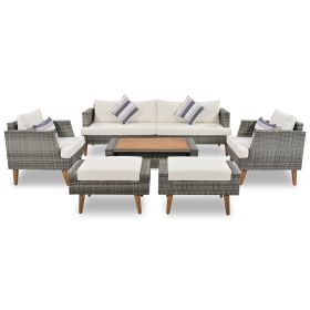 GO 6-Pieces All Weather PE Wicker Sofa Set, Outdoor Rattan sofa With Double Cushions, Wood Legs Wood Table Top, Beige and Gray