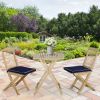 3 Pieces Patio Folding Bistro Set, Outdoor Pine Wood Table and Chairs Set with Tie-on Cushion & Square Coffee Table, Great for Indoor, Poolside