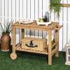 Outsunny Outdoor Bar Cart, Wood Rolling Home Bar & Serving Cart with 2 Shelves, Wine Bottle Holders for Garden, Dining Room, Natural