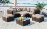 GO 8-piece Outdoor Wicker Sofa Set, Rattan Sofa Lounger, With Colorful Pillows, Conversation Sofa, For Patio, Garden, Deck, Brown Wicker