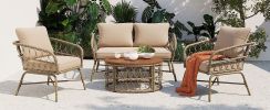 GO Bohemia-inspired 4-Person Outdoor Seating Group With Removable Cushions, Conversation Patio Set With Wood Tabletop, Beige