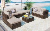 GO 8-piece Outdoor Wicker Sofa Set, Rattan Sofa Lounger, With Colorful Pillows, Conversation Sofa, For Patio, Garden, Deck, Brown Wicker