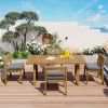 U_Style Multi-person Outdoor Acacia Wood Dining Table and Chair Set, Thick Cushions, Suitable for Balcony, Vourtyard, and Garden.