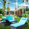 3-Piece Outdoor Patio Furniture Set Chaise Lounge, Patio Reclining Rattan Lounge Chair Chaise Couch Cushioned with Glass Coffee Table