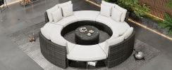 Outdoor Patio Furniture Luxury Circular Outdoor Sofa Set Rattan Wicker Sectional Sofa Lounge Set with Tempered Glass Coffee Table, 6 Pillows,Beige