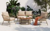 GO Bohemia-inspired 4-Person Outdoor Seating Group With Removable Cushions, Conversation Patio Set With Wood Tabletop, Beige