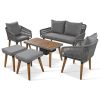 K&K 6-Piece Rope Patio Furniture Set, Outdoor Furniture with Acacia Wood Cool Bar Table with Ice Bucket