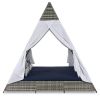 GO 90.5" Length Outdoor Sunbed With Colorful Pillows, Wicker Patio Daybed With Cushions, Tent Shape, Gray And Blue