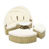 TOPMAX Patio Furniture Round Outdoor Sectional Sofa Set Rattan Daybed Two-Tone Weave Sunbed with Retractable Canopy