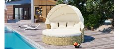 TOPMAX Patio Furniture Round Outdoor Sectional Sofa Set Rattan Daybed Two-Tone Weave Sunbed with Retractable Canopy