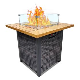 Outdoor Fire Pit 50,000 BTU Propane Gas Fire Table with Lid Fireplace with Glass Wind Guard Wicker Base for Garden, Patio, Backyard (size: 28Inch)