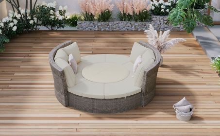 TOPMAX Patio 5-Piece Round Rattan Sectional Sofa Set All-Weather PE Wicker Sunbed Daybed with Round Liftable Table and Washable Cushions for Outdoor B (Color: as Pic)