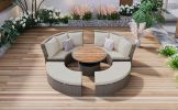 TOPMAX Patio 5-Piece Round Rattan Sectional Sofa Set All-Weather PE Wicker Sunbed Daybed with Round Liftable Table and Washable Cushions for Outdoor B